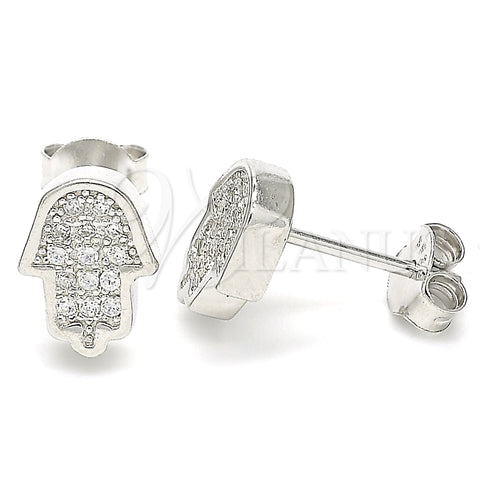 Sterling Silver Stud Earring, Hand of God Design, with White Micro Pave, Polished, Rhodium Finish, 02.336.0132