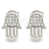 Sterling Silver Stud Earring, Judaica and Hand of God Design, with White Cubic Zirconia, Polished, Rhodium Finish, 02.336.0133
