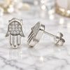 Sterling Silver Stud Earring, Judaica and Hand of God Design, with White Cubic Zirconia, Polished, Rhodium Finish, 02.336.0133