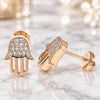 Sterling Silver Stud Earring, Judaica and Hand of God Design, with White Cubic Zirconia, Polished, Rose Gold Finish, 02.336.0133.1