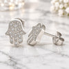 Sterling Silver Stud Earring, Judaica and Hand of God Design, with White Cubic Zirconia, Polished, Rhodium Finish, 02.336.0134