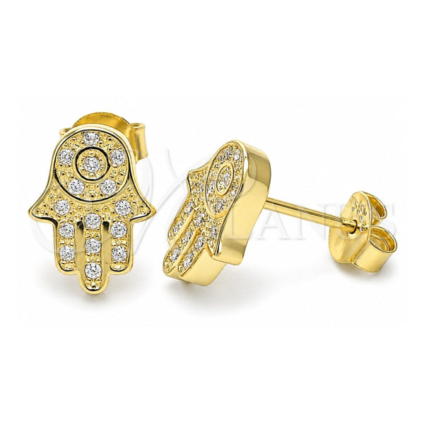 Sterling Silver Stud Earring, Judaica and Hand of God Design, with White Cubic Zirconia, Polished, Golden Finish, 02.336.0134.2