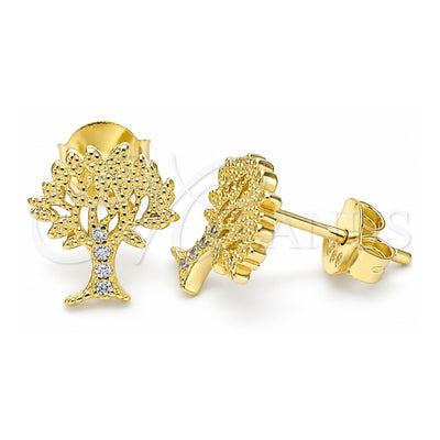 Sterling Silver Stud Earring, Tree Design, with White Micro Pave, Polished, Golden Finish, 02.336.0051.2