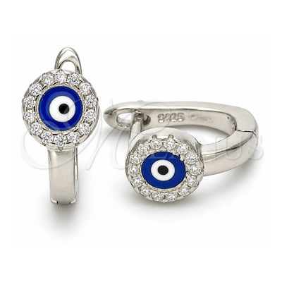 Sterling Silver Huggie Hoop, Evil Eye Design, with White Micro Pave, Blue Enamel Finish, Rhodium Finish, 02.336.0136.12