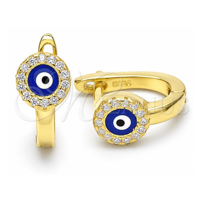 Sterling Silver Huggie Hoop, Evil Eye Design, with White Cubic Zirconia, Blue Enamel Finish, Golden Finish, 02.336.0136.2.12