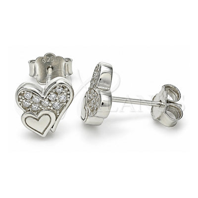 Sterling Silver Stud Earring, Heart Design, with White Micro Pave, Polished, Rhodium Finish, 02.336.0139