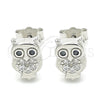 Sterling Silver Stud Earring, Owl Design, with White and Black Micro Pave, Polished, Rhodium Finish, 02.336.0143