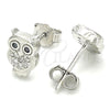 Sterling Silver Stud Earring, Owl Design, with White and Black Micro Pave, Polished, Rhodium Finish, 02.336.0143