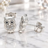Sterling Silver Stud Earring, Owl Design, with White and Black Micro Pave, Polished, Rhodium Finish, 02.336.0143