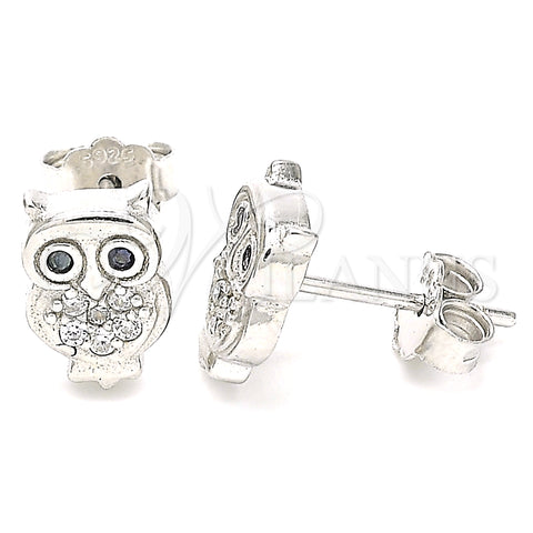 Sterling Silver Stud Earring, Owl Design, with White and Black Micro Pave, Polished, Rhodium Finish, 02.336.0143