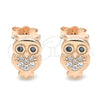 Sterling Silver Stud Earring, Owl Design, with White and Black Micro Pave, Polished, Rose Gold Finish, 02.336.0143.1