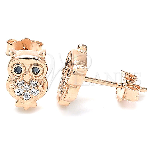 Sterling Silver Stud Earring, Owl Design, with White and Black Micro Pave, Polished, Rose Gold Finish, 02.336.0143.1