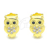 Sterling Silver Stud Earring, Owl Design, with White and Black Micro Pave, Polished, Golden Finish, 02.336.0143.2