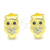 Sterling Silver Stud Earring, Owl Design, with White and Black Micro Pave, Polished, Golden Finish, 02.336.0143.2
