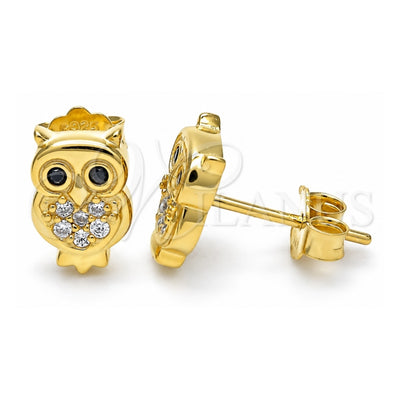 Sterling Silver Stud Earring, Owl Design, with White and Black Micro Pave, Polished, Golden Finish, 02.336.0143.2
