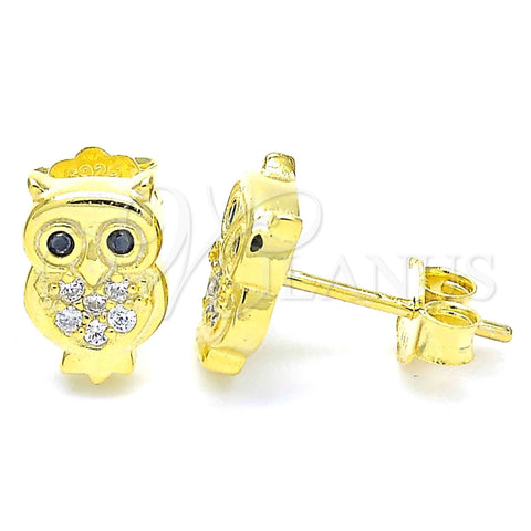 Sterling Silver Stud Earring, Owl Design, with White and Black Micro Pave, Polished, Golden Finish, 02.336.0143.2