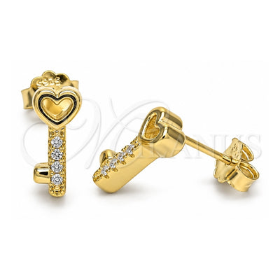 Sterling Silver Stud Earring, key Design, with White Cubic Zirconia, Polished, Golden Finish, 02.336.0145.2