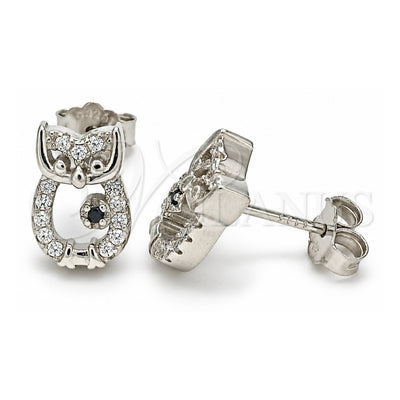 Sterling Silver Stud Earring, Owl Design, with Black Cubic Zirconia and White Crystal, Polished, Rhodium Finish, 02.336.0146