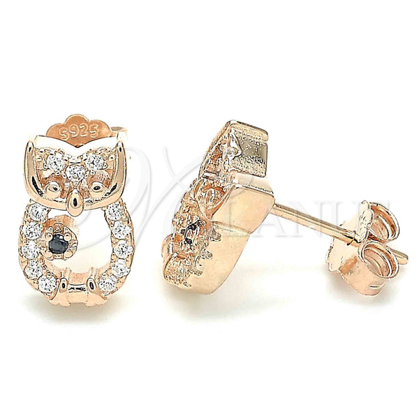 Sterling Silver Stud Earring, Owl Design, with White and Black Micro Pave, Polished, Rose Gold Finish, 02.336.0146.1