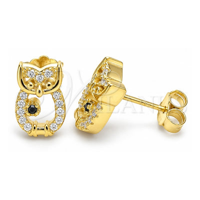 Sterling Silver Stud Earring, Owl Design, with White and Black Micro Pave, Polished, Golden Finish, 02.336.0146.2