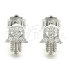 Sterling Silver Stud Earring, Judaica and Hand of God Design, with White Micro Pave, Polished, Rhodium Finish, 02.336.0147