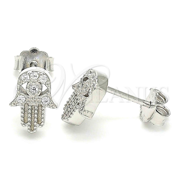 Sterling Silver Stud Earring, Judaica and Hand of God Design, with White Micro Pave, Polished, Rhodium Finish, 02.336.0147