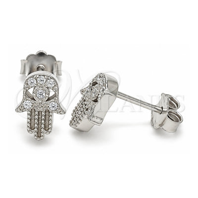 Sterling Silver Stud Earring, Judaica and Hand of God Design, with White Micro Pave, Polished, Rhodium Finish, 02.336.0147