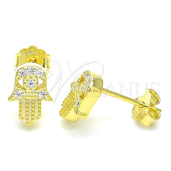 Sterling Silver Stud Earring, Judaica and Hand of God Design, with White Micro Pave, Polished, Golden Finish, 02.336.0147.2