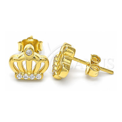 Sterling Silver Stud Earring, Crown Design, with White Cubic Zirconia and White Crystal, Polished, Golden Finish, 02.336.0148.2