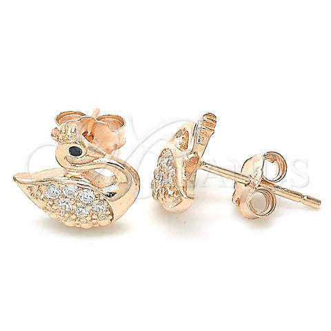 Sterling Silver Stud Earring, Swan Design, with Black and White Cubic Zirconia, Polished, Rose Gold Finish, 02.336.0149.1