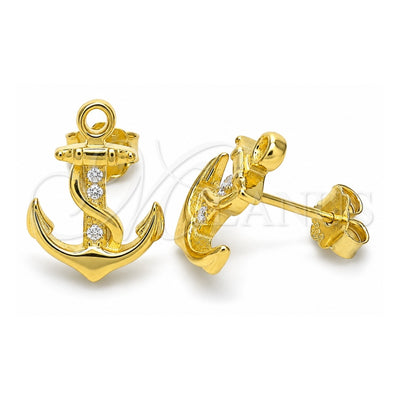 Sterling Silver Stud Earring, Anchor Design, with White Cubic Zirconia, Polished, Golden Finish, 02.336.0150.2