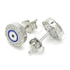 Sterling Silver Stud Earring, Evil Eye Design, with White Micro Pave, Blue Enamel Finish, Rhodium Finish, 02.336.0151