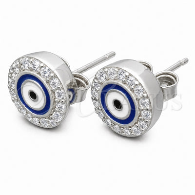Sterling Silver Stud Earring, Evil Eye Design, with White Micro Pave, Blue Enamel Finish, Rhodium Finish for wholesale, main product view