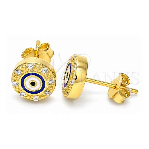 Sterling Silver Stud Earring, Evil Eye Design, with White Micro Pave, Blue Enamel Finish, Golden Finish, 02.336.0151.2