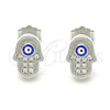 Sterling Silver Stud Earring, Judaica and Hand of God Design, with White Micro Pave, Blue Enamel Finish, Rhodium Finish, 02.336.0152