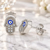 Sterling Silver Stud Earring, Judaica and Hand of God Design, with White Micro Pave, Blue Enamel Finish, Rhodium Finish, 02.336.0152