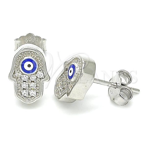 Sterling Silver Stud Earring, Judaica and Hand of God Design, with White Micro Pave, Blue Enamel Finish, Rhodium Finish, 02.336.0152