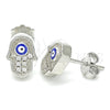 Sterling Silver Stud Earring, Judaica and Hand of God Design, with White Micro Pave, Blue Enamel Finish, Rhodium Finish, 02.336.0152