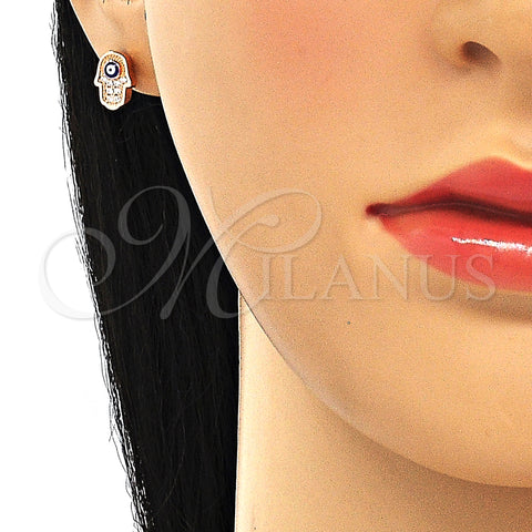 Sterling Silver Stud Earring, Hand of God and Evil Eye Design, with White Micro Pave, Blue Enamel Finish, Rose Gold Finish, 02.336.0152.1