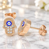 Sterling Silver Stud Earring, Judaica and Hand of God Design, with White Micro Pave, Blue Enamel Finish, Rose Gold Finish, 02.336.0152.1