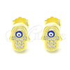 Sterling Silver Stud Earring, Judaica and Hand of God Design, with White Micro Pave, Blue Enamel Finish, Golden Finish, 02.336.0152.2