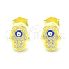 Sterling Silver Stud Earring, Hand of God and Evil Eye Design, with White Micro Pave, Blue Enamel Finish, Golden Finish, 02.336.0152.2