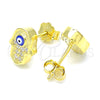 Sterling Silver Stud Earring, Judaica and Hand of God Design, with White Micro Pave, Blue Enamel Finish, Golden Finish, 02.336.0152.2