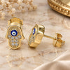 Sterling Silver Stud Earring, Judaica and Hand of God Design, with White Micro Pave, Blue Enamel Finish, Golden Finish, 02.336.0152.2