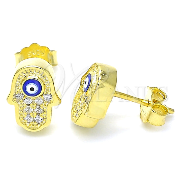 Sterling Silver Stud Earring, Judaica and Hand of God Design, with White Micro Pave, Blue Enamel Finish, Golden Finish, 02.336.0152.2