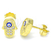 Sterling Silver Stud Earring, Judaica and Hand of God Design, with White Micro Pave, Blue Enamel Finish, Golden Finish, 02.336.0152.2