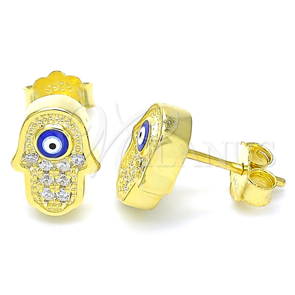 Sterling Silver Stud Earring, Hand of God and Evil Eye Design, with White Micro Pave, Blue Enamel Finish, Golden Finish, 02.336.0152.2