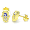 Sterling Silver Stud Earring, Hand of God and Evil Eye Design, with White Micro Pave, Blue Enamel Finish, Golden Finish, 02.336.0152.2