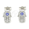 Sterling Silver Stud Earring, Judaica and Hand of God Design, with White Micro Pave, Blue Enamel Finish, Rhodium Finish, 02.336.0154