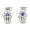 Sterling Silver Stud Earring, Hand of God and Evil Eye Design, with White Micro Pave, Blue Enamel Finish, Rhodium Finish, 02.336.0154